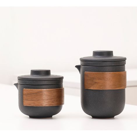 Ensemble de thé nomade anti-chaleur, mini théière en céramique avec filtre, 4 tasses et sac de transport pour pique-nique et voyage (1/5)