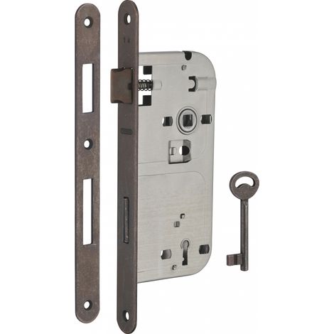 Serratura Patent da incasso 90mm x 50mm, reversibile, piastra tonda, richiamo 1/2 giro, 1 chiave, bronzo - THIRARD