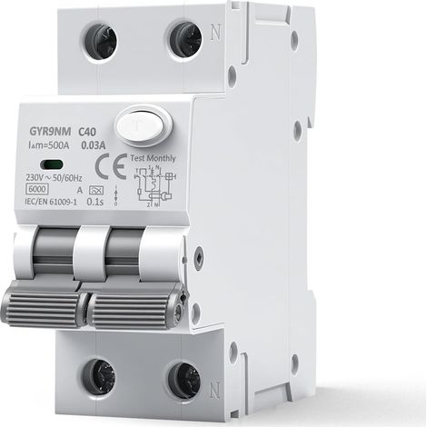 Disjoncteur différentiel 30mA 40A Type A 1P+N Interrupteur Différentiel RCBO 6KA AC 230V avec Protection contre les surcharges et les courts circuits (1/5)