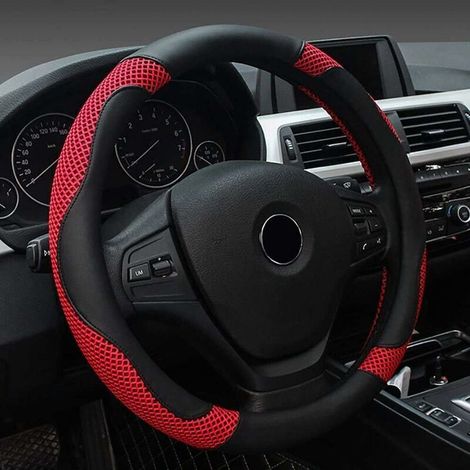 Housse de volant de voiture, housse de volant universelle en cuir PU 38CM, housse de protection de volant, protection universelle de couverture de volant souple 38CM anti-dérapant noir rouge (1/5)