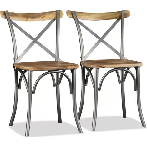 Chaise de cuisine bois vintage massif clair et métal gris Tiphen - Lot de 2 (1/5)