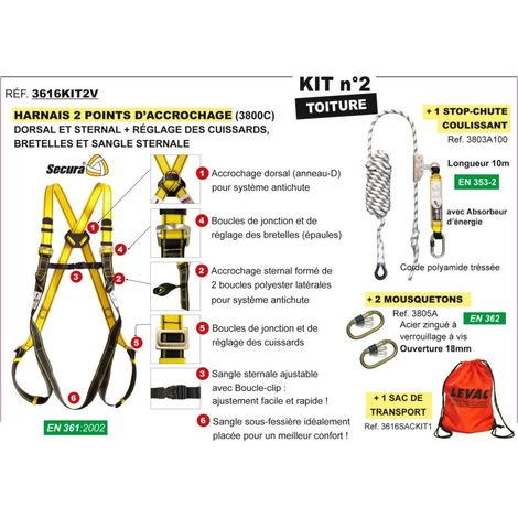 Levac – Kit harnais antichute toiture – 2 points d'accrochage – Corde 15m – Système mains libres – Normes EN 361 et EN 362