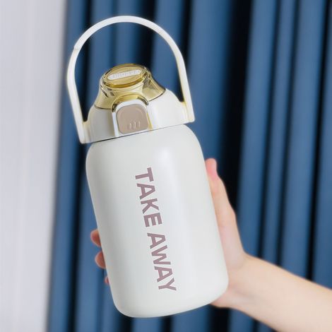 Mug isotherme portable grande capacité 850 ml avec couvercle à clapet et paille, idéal pour l'extérieur, blanc cassé (1/5)