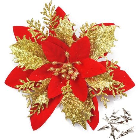 Pair Lot de 10 fleurs de Noël à paillettes (14 cm) avec 10 poinsettia artificielles pour sapin de Noël,rouge (1/5)
