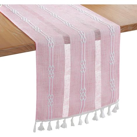 Tischläufer aus Leinen mit Stickerei, für drinnen und draußen, im Landhausstil, Couchtischläufer, 183 cm, mit Quasten, handgefertigt, für Picknick, Hochzeit, 33 x 183 cm, Rosa