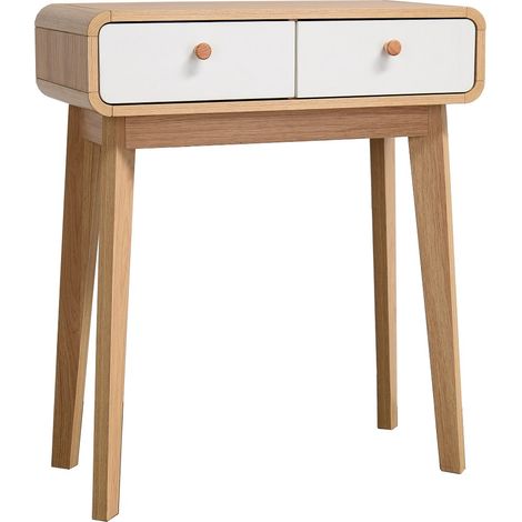 Table console scandinave avec 2 tiroirs – Effet chêne blanc – Silhouette épurée et pieds effilés – Rangement pratique (1/4)