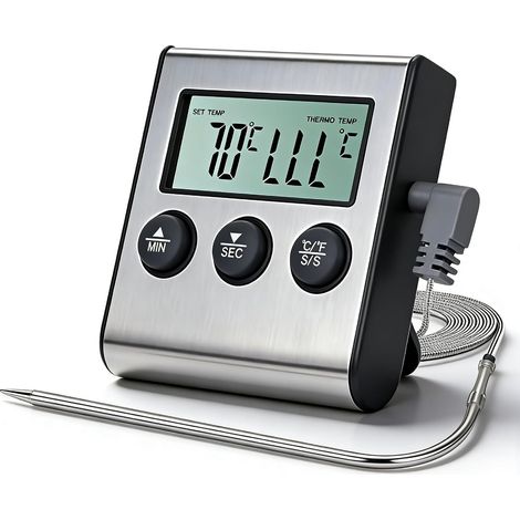 Thermomètre Cuisine Minuteur, 0 à 250°C Numérique Thermomètre à Viande Sonde Temperature, Minuterie, Alarme, Câble De 100cm, Grand éCran Lcd ThermomèTres Alimentaire Pour Griller Barbecue Four (1/5)