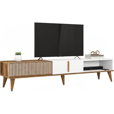 Dmora - Mobile porta TV Jakuchu, Credenza da soggiorno, Armadio basso per TV, Base parete attrezzata, 180x35h40 cm, Noce e Bianco