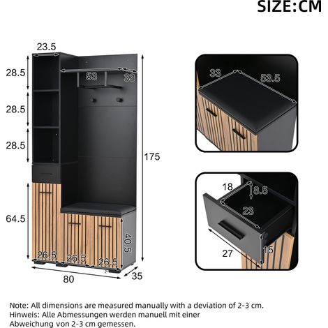 Porte-manteau compact 80x35x175cm, meuble d'entrée avec 2 crochets, étagère à chaussures, armoire de rangement en tissu, noir et bois, pour couloir ou hall. (1/5)