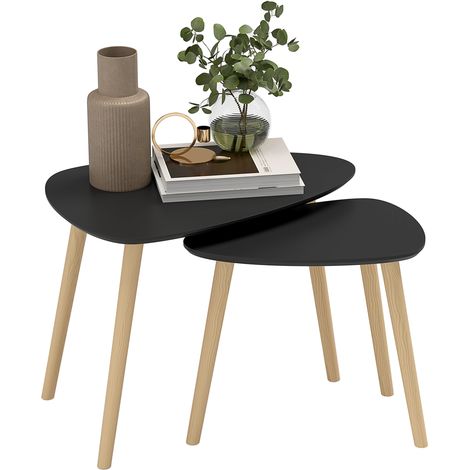 Ensemble de 2 tables basses pivotantes de style scandinave, pieds et plateau en bois, noires