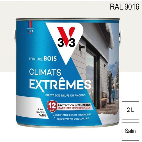 V33 – Peinture bois extérieur Climats Extrêmes RAL 9016 blanc satin 2L – Résistance thermique -40°C à +60°C – Film déperlant pour conditions rudes (1/2)