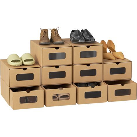 Scatola per scarpe - Set di 10 - Carta kraft - con cassetto - Impilabile - 35 cm x 23 cm x 13 cm Scaffale di stoccaggio marrone (1/5)