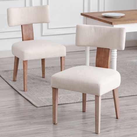 Wahson Lot de 2 chaises en lin beige – Pieds en bois massif – Design rétro – Confort optimal avec dossier incurvé – Pour salle à manger et salon