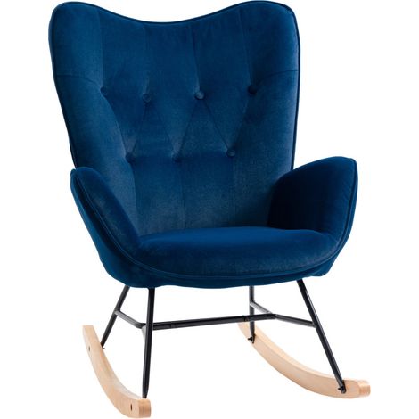 Fauteuil à Bascule Allaitement Rocking Chair Scandinave Chaise Loisir Revêtement en Tissu avec Pieds en Bois Massif pour Salon, Chambre, Le balcon, Bleu Foncé (1/5)