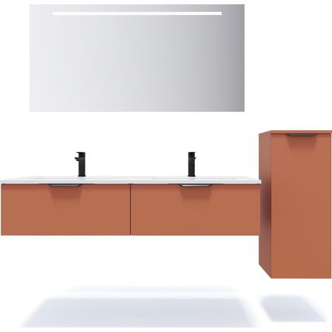Meuble de salle de bain suspendu double vasque intégrée 140cm 2 tiroirs Terracotta + miroir + colonne ouverture droite - Soho (1/5)