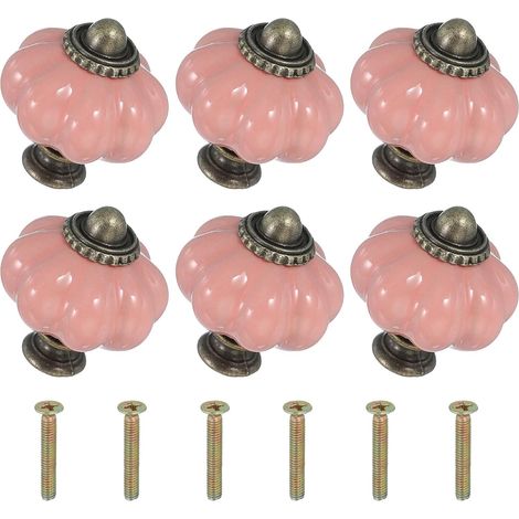 Boutons en céramique rose, 3,33,33,8 cm, 6 pièces avec vis, boutons et poignées de tiroir de meuble en céramique en forme de citrouille. (1/5)