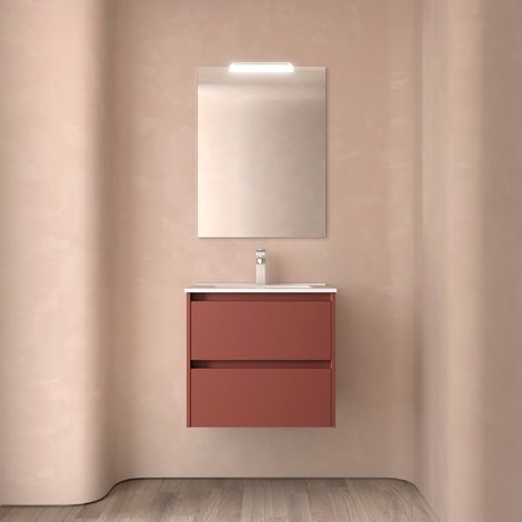 Badezimmermöbel NOJA 600 2 Schubladen RED SATIN + Waschtisch + Spiegel