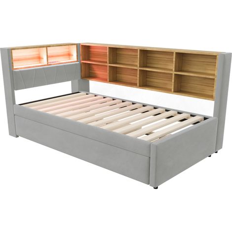 Sofá cama multifunción 90 x 200 cm con cama nido, LED y almacenaje, gris claro (1/5)