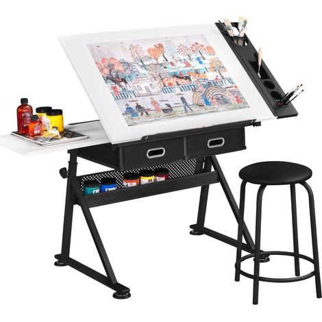 Table à Dessin Inclinable Hauteur Réglable avec Tabouret et 2 Tiroirs Compartiments à Crayons Bureau pour Dessinateur Peintre Ingénieur Artiste Blanc (1/5)