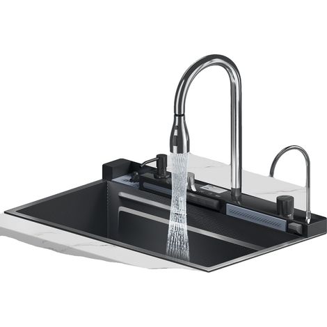 Évier de cuisine cascade, acier inoxydable 304, design à double cuve, 75x45(Noir Nano) (1/2)