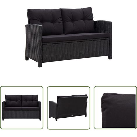 The Living Store 2-Sitzer-Gartensofa mit Kissen Schwarz 124 cm Poly Rattan - Gartensofa - Outdoor Möbel - Sitzgruppe - Rattan Gartenmöbel - Gartenlounge (1/5)