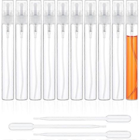 Set mit 10 nachfüllbaren Mini-Parfümfläschchen (10 ml) mit 3 Transferpipetten, handliche Kunststoffgröße (1/5)