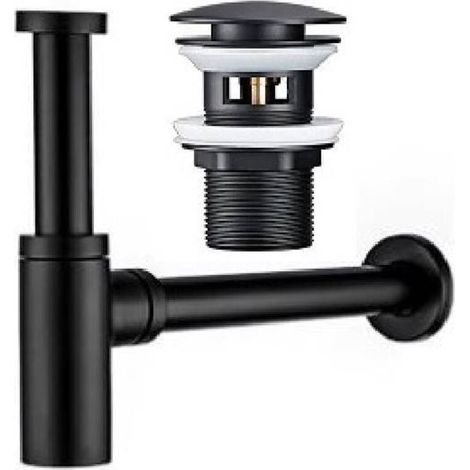 Ensemble bonde de lavabo et siphon à bouteille, noir mat, désodorisant, pour lavabos de salle de bain, avec trop-plein, bonde rétractable, (1/4)