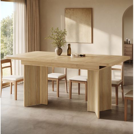 Mesa de comedor extensible 120-160x80 cm con patas en V ranuradas, estructura estable de MDF y metal, acabado madera (1/5)