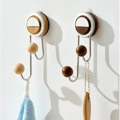 Crochets à ventouses - Lot de 2, coloris noyer et bois naturel - Étagères - Crochets de rangement double couche - Grande capacité de charge, détachables (1/5)