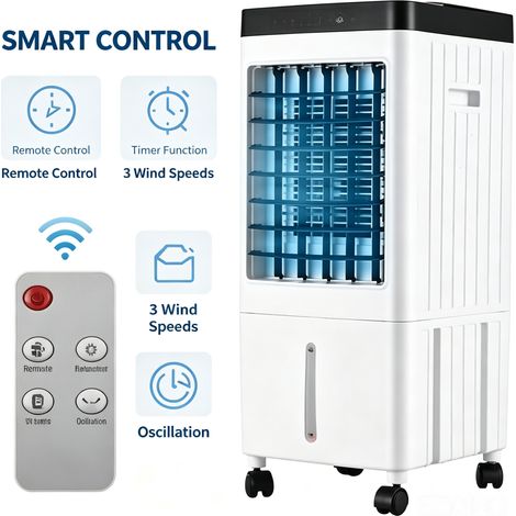 Climatiseur évaporatif mobile avec réservoir 10L, minuterie 7,5h et télécommande, ventilateur rafraîchissant pour maison et bureau
