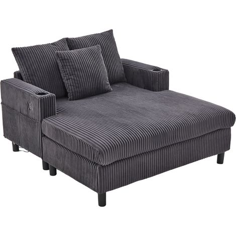 Poltrona chaise longue in velluto a coste grigio scuro con USB, portabevande e LED (1/5)