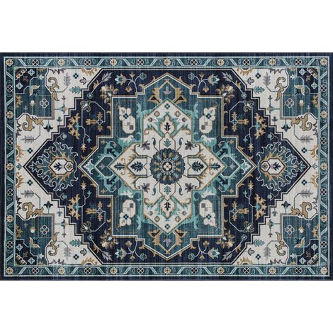 Tappeto Boho Antiscivolo e Lavabile 230x160 cm a Pelo Corto in Effetto Cashmere Blu (1/5)