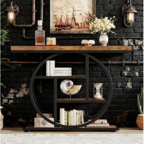Consolle 105x30x80 cm nera effetto legno, 4 ripiani, metallo e legno, MEUBLIV (1/5)