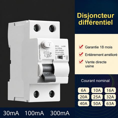 Interrupteur différentiel modulaire 2P 63A 100mA Type AC 6kA 2p 63a 100ma-ac 6ka 500 g – Livraison gratuite (1/5)