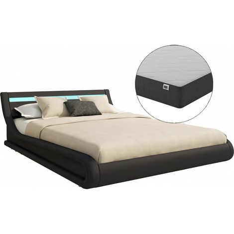 Cama Canapé de matrimonio con colchón Cama doble con Cabecero y Canapé LED Somier de lamas Negro Madera y polipiel Modelo Parisina 180x200 (1/5)