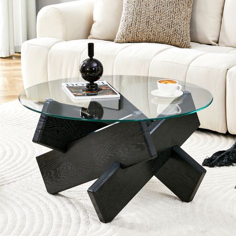 Couchtisch rund (79 x 79 x 45 cm), Glasplatte, Kreuzgestell, MDF und Glas, Schwarz und Transparent (1/5)