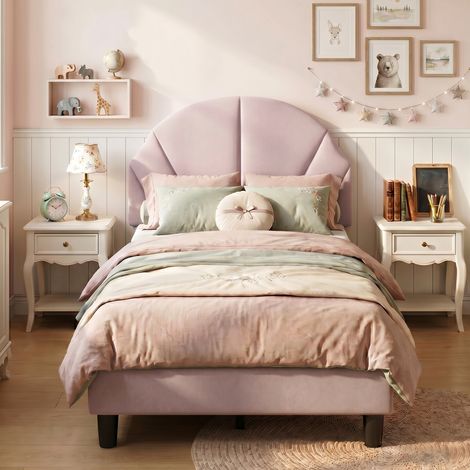 BLANKETSWARM - Lit enfant princesse 90x190 cm – Lit simple fille – Tête de lit coquillage – Velours, Rose
