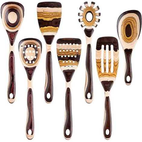Ensemble de 7 ustensiles de cuisine en bois de Pakkawood - Ustensiles de cuisine en bois