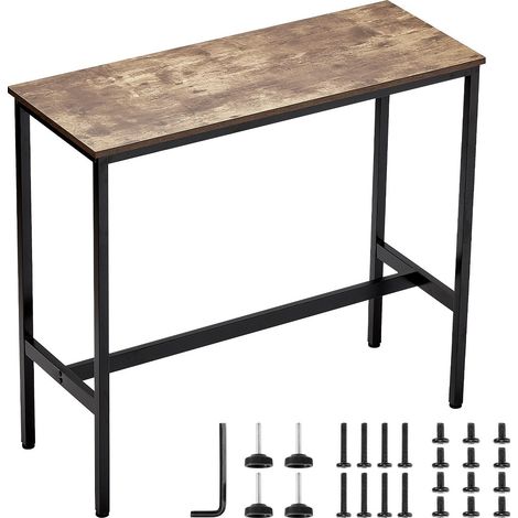 Bar table en métal robuste, design étroit et haut, idéal pour cuisine, salon ou fêtes. Facile à monter, 39x16x35,5 pouces, finition brun rustique et noir. (1/5)