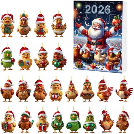 Calendrier de l'Avent 2026 - 24 décorations suspendues uniques en acrylique 2D avec des poussins de Noël au style cartoon - Compte à rebours de 24 jours pour décorer le sapin et offrir des cadeaux sur (1/5)
