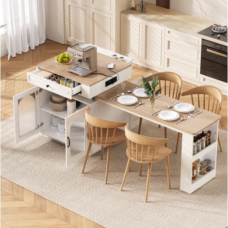 Table extensible de cuisine avec roulettes, LED et prises USB/Type-C, blanche HAVRYA (1/5)