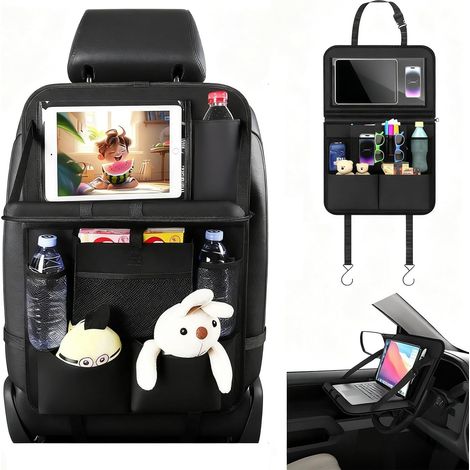 Organizador de asiento de coche, organizador de asiento trasero, protector de respaldo de asiento para niños con mesa plegable y bolsillo para tableta/teléfono móvil (1/5)