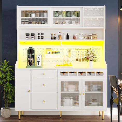 Aparador de cocina - aparador alto 145x39x171 cm con iluminación LED controlada por aplicación USB, estantes ajustables, cajón botellero, blanco (1/5)