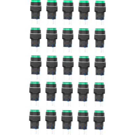 Lot de 25 interrupteurs à bouton-poussoir autobloquants à 5 broches de 16 mm avec voyants lumineux, kit d'équipement 24 V (vert) (1/5)