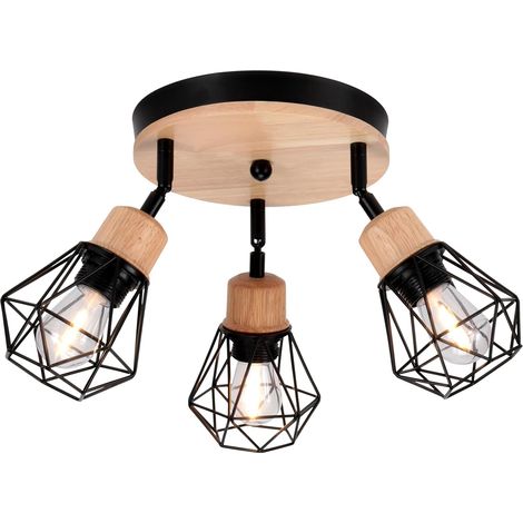 3 Lampes Suspension Métal Bois E27 Design Industriel Rétro Pour Salon Cuisine Chambre (1/5)