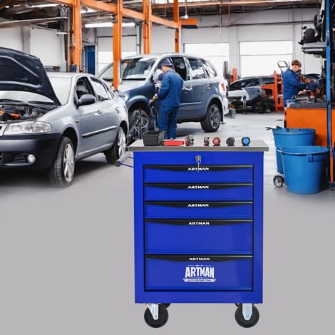 Chariot à outils en métal avec 5 tiroirs et roulettes, idéal pour les garages, les ateliers et les ateliers mécaniques, noir et bleu (1/4)