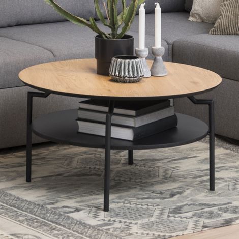 Table basse ronde 80 cm décor chêne et métal noir - OTHELLO