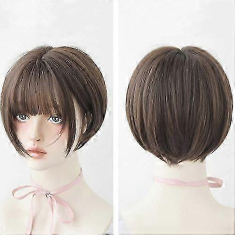 Perruque courte marron froid 28 cm pour femme, visage rond, bonnet avec frange, effet mèches. (1/5)