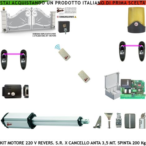 Cancello 3,5 Metri Automatismo Motore Elettromeccanico 230 V Stelo Retrattile Reversibile Corsa 600mm Spinta 250 Kg Centrale 2 Coppie Fotocellule 2 Radiocomandi Faro Elettroserratura Selettore Chiavi (1/4)