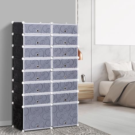 Étagère à chaussures modulaire en plastique peu encombrante pour hall d'entrée. 95 x 37 x 160 cm. Noir et blanc.